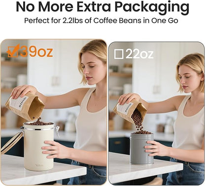 Veken Coffee Canister, 39OZ Large, Airtight Stainless Steel Food Storage Container for 2.2lbs Coffee Beans, Ground, Sugar, Tea, Flour, Cereal, Kitchen Bar Accessories with Date Tracker & Scoop, Cream