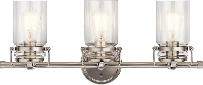 Kichler Brinley 24" Vanity Light in Brushed Nickel, 3-Light Farmhouse Bathroom Vanity Light with Clear Glass, (24" W x 10" H), 45689NI