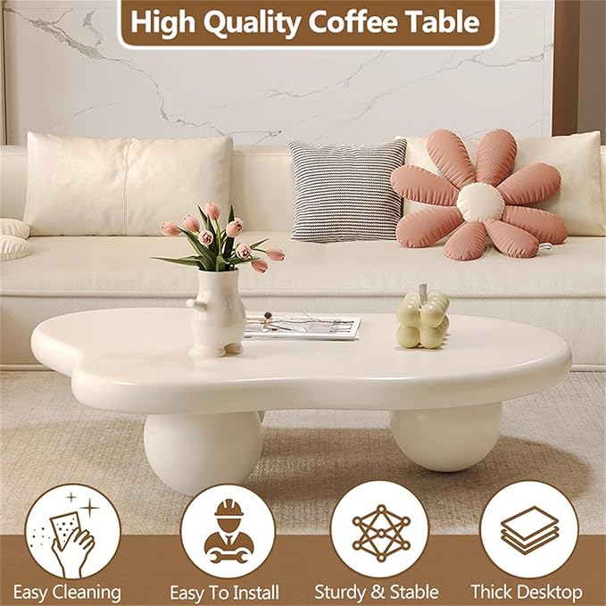 Cloud Coffee Table Modern Cute Coffee Tables Irregular Simple Tea/Center Table for Small Space End Table for Living Room, Home Office, Indoor (Irregular Shape White 47" Wx35.4 Dx15.3 H)
