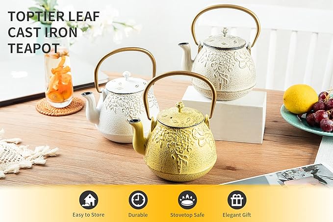 Tea Kettle, TOPTIER Japanese Cast Iron Teapot with Infuser for Loose Leaf and Tea Bags, Stovetop Safe Cast Iron Tea Kettle Coated with Enameled Interior for 40 oz (1200 ml), Beige