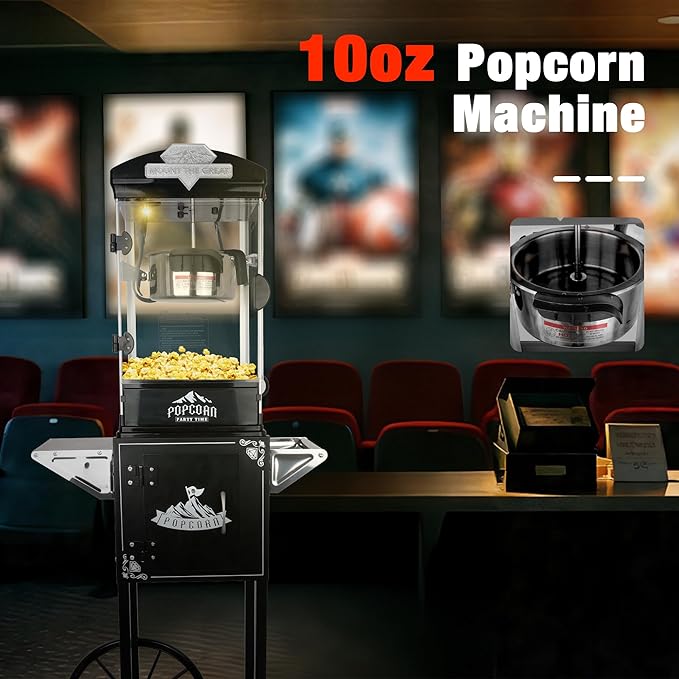 Portable Popcorn Machine with Cart & Wheels, 10 Oz Commercial Popcorn Maker with Kettle, Includes 3 Measuring Spoons for Home Theater, Parties, Events