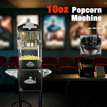 Portable Popcorn Machine with Cart & Wheels, 10 Oz Commercial Popcorn Maker with Kettle, Includes 3 Measuring Spoons for Home Theater, Parties, Events