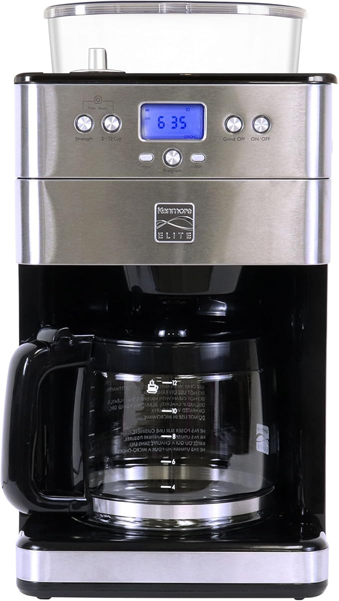 Kenmore Elite Grind And Brew Coffee Maker - Burr Grinding Ground Coffee Bean Hopper With Drip Pot, 12 Cup Programmable Automatic Brew Coffee Machine For Barista Style Cafetera, Use For Kitchen & Café