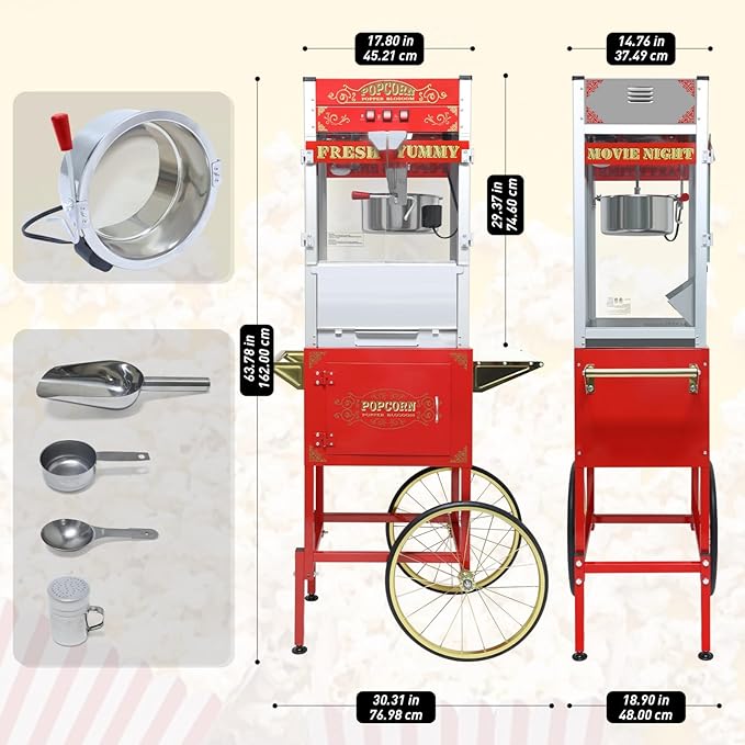 20oz Popcorn Machine with Cart, Wheels & Stainless Steel Kettle, Vintage Movie Theater Style, Popcorn Maker Machine for Parties, Events, Home & Commercial Use, Red