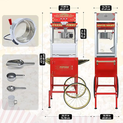 20oz Popcorn Machine with Cart, Wheels & Stainless Steel Kettle, Vintage Movie Theater Style, Popcorn Maker Machine for Parties, Events, Home & Commercial Use, Red