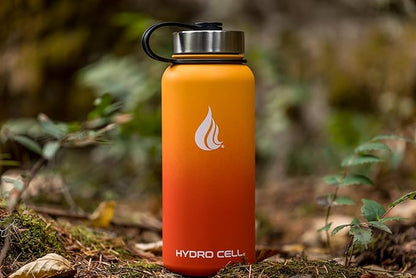 HYDRO CELL Stainless Steel Insulated Water Bottle with Straw - For Cold & Hot Drinks - Metal Vacuum Flask with Screw Cap and Modern Leakproof Sport Thermos for Adults (Red/Orange 32oz)