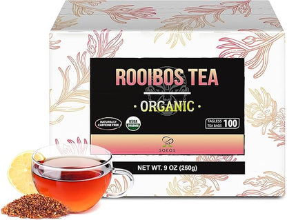 Soeos Organic Rooibos Tea, 9oz (250g), 100 Tagless Tea Bag, Naturally Caffeine Free, USDA Organic.