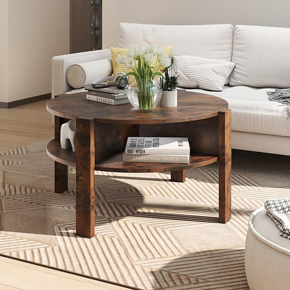 Giantex Round Coffee Table, 2-Tier Mid Century Modern Tea Cocktail Table with Storage Shelves & 4 Side Compartments, Wood Center Table for Living Room, Small Spaces (Rustic Brown)