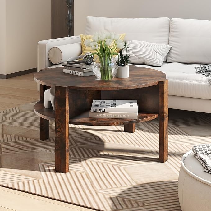 Giantex Round Coffee Table, 2-Tier Mid Century Modern Tea Cocktail Table with Storage Shelves & 4 Side Compartments, Wood Center Table for Living Room, Small Spaces (Rustic Brown)