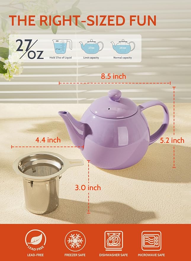 Sweese Teapots for Tea, 27 oz Porcelain Tea pot with Removable Stainless Steel Infuser, Tea Pots for Loose Tea - Purple