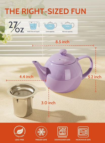 Sweese Teapots for Tea, 27 oz Porcelain Tea pot with Removable Stainless Steel Infuser, Tea Pots for Loose Tea - Purple