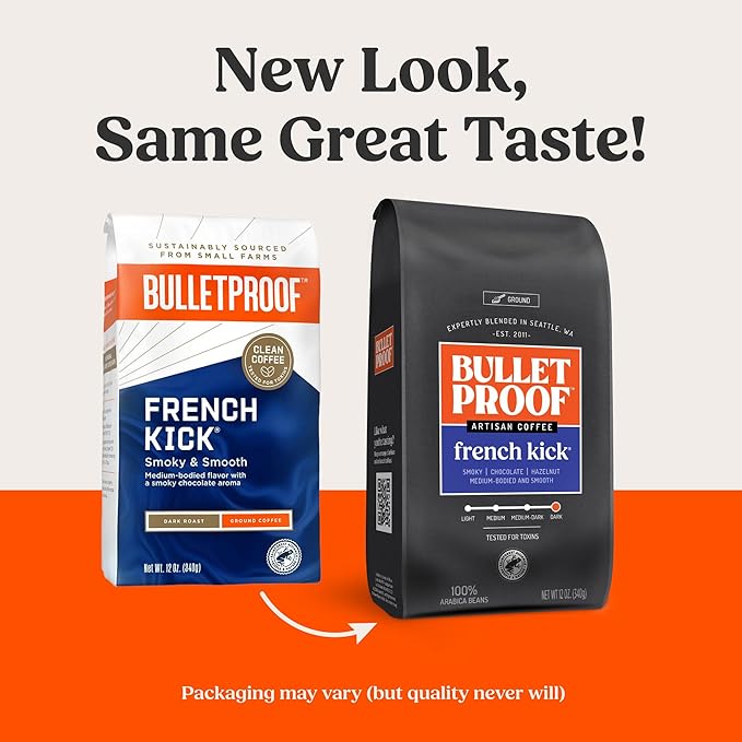 Bulletproof French Kick Dark Roast Ground Coffee, 12 Ounces, 100% Arabica Beans, Clean Coffee Tested for Toxins, Packaging May Vary