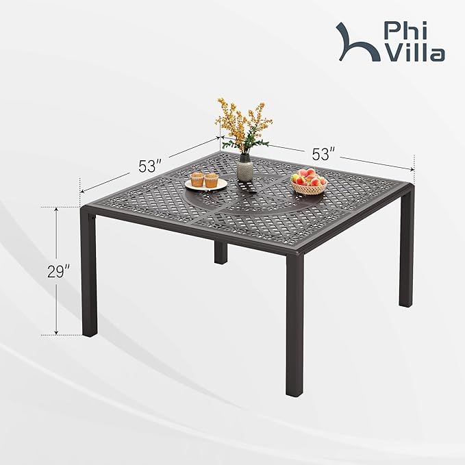 PHI VILLA Aluminum Patio Dining Tables for 8 Person, 53" Square Outdoor Table with 2.1" Umbrella Hole, Lawn Garden Tables for Outside All Weather