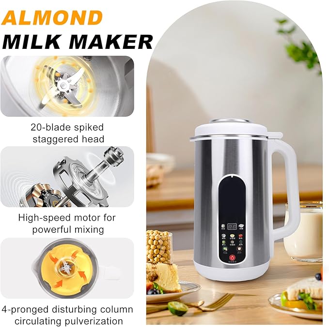 8 in 1 Nut Milk Maker, 40.6oz Stainless Steel Almond Milk Maker, Homemade Almond, Oat, Coconut, Plant Based Milks and Non Dairy Beverages