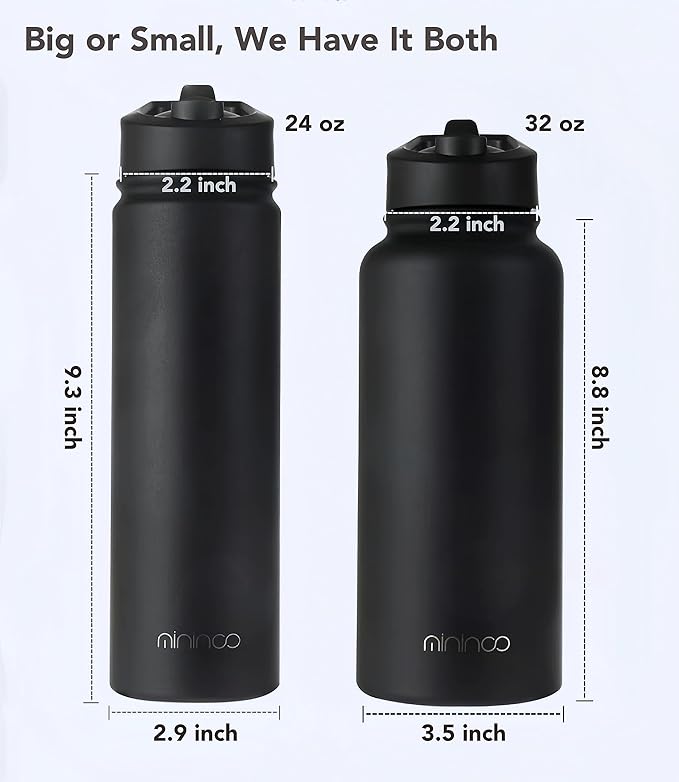 mininoo 24 oz Insulated Water Bottle with Straw Lid, Stainless Steel Double Wall Vacuum, Leak Proof, BPA Free, Keep Cold for 24H & Hot for 12H-2 pack(Black)