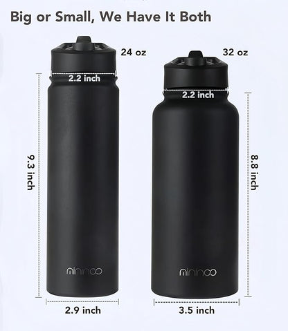 mininoo 24 oz Insulated Water Bottle with Straw Lid, Stainless Steel Double Wall Vacuum, Leak Proof, BPA Free, Keep Cold for 24H & Hot for 12H-2 pack(Black)