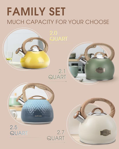 Tea Kettle, Stovetop Teapot, 2.5 Quart, Loud Whistle, Food Grade Stainless Steel and Smooth Wood Pattern Handle, Sophisticated Look for Hiking, Picnic, for Tea, Coffee, (Yellow)