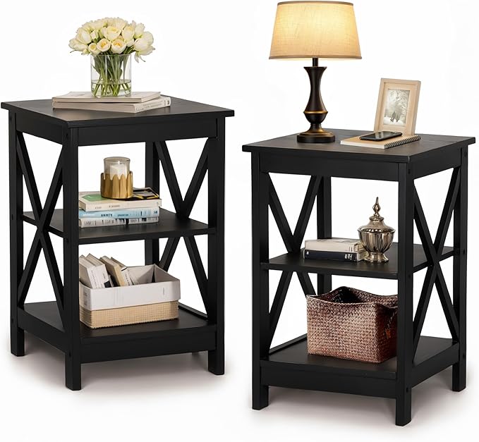 PHI VILLA Black End Table, Side Table for Living Room Set of 2, Nightstand/Bedside Table