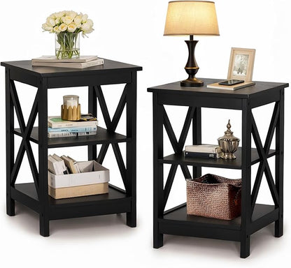 PHI VILLA Black End Table, Side Table for Living Room Set of 2, Nightstand/Bedside Table