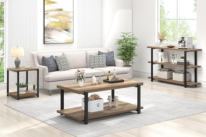 FOLUBAN Industrial Coffee Table with Shelf, Wood and Metal Rustic Cocktail Table for Living Room, Oak