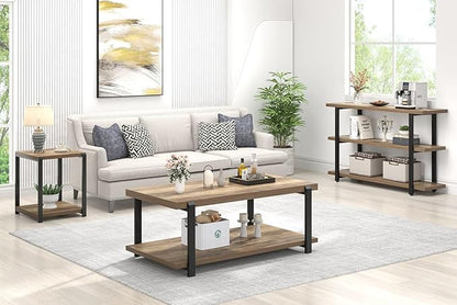 FOLUBAN Industrial Coffee Table with Shelf, Wood and Metal Rustic Cocktail Table for Living Room, Oak