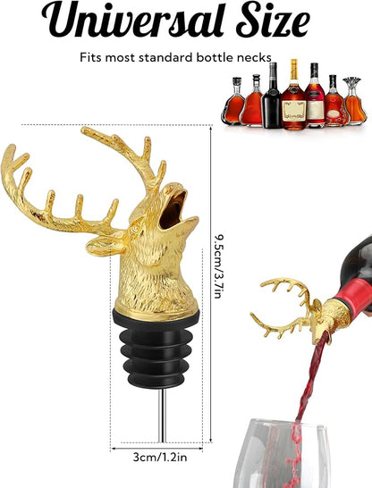 Gold Deer Head Wine Pourer, Liquor Bottle Pour Spout with Leak-Proof Rubber Stopper, Universal Fit for Wine Whiskey Champagne Olive Oil – Drip-Free Bar Pourer Gift for Men, Weddings & Holidays