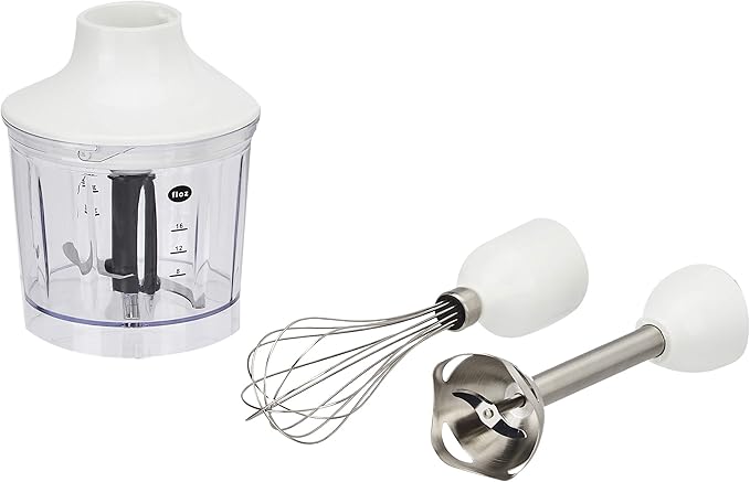 Amazon Basics 300W 4-In-1 Immersion Blender Handheld, Emulsion Blender With Blending Stick, Whisk, Chopper and Beaker, Continuous Speed Control And Turbo Mode, 5-ft Power Cord, White