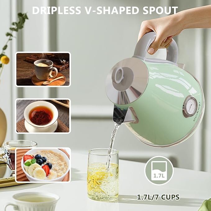 Electric Tea Kettle, 1500W /1.7 Liter Hot Water Boiler Heater Pot, Retro Electric Kettle with Thermometer, Auto Shut-Off & Boil-Dry Protection, BPA Free,Stainless Steel Teapot