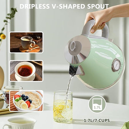 Electric Tea Kettle, 1500W /1.7 Liter Hot Water Boiler Heater Pot, Retro Electric Kettle with Thermometer, Auto Shut-Off & Boil-Dry Protection, BPA Free,Stainless Steel Teapot