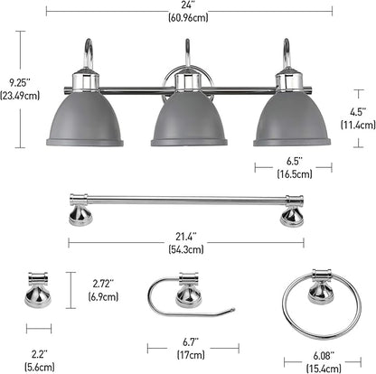 GLOBE Electric Sydney 5-Piece Bathroom Set, Matte Gray and Chrome, 3-Light Vanity Light, Towel Bar, Towel Ring, Robe Hook, Toilet Paper Holder