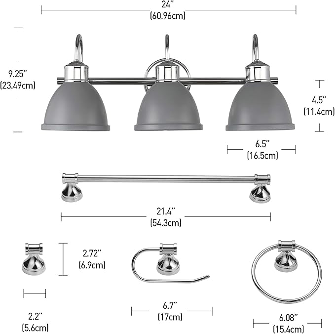 GLOBE Electric Sydney 5-Piece Bathroom Set, Matte Gray and Chrome, 3-Light Vanity Light, Towel Bar, Towel Ring, Robe Hook, Toilet Paper Holder