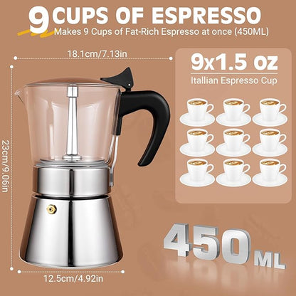 Induction Moka Pot, 9 Cups (15.9 oz) Crystal Glass-Top & Stainless Steel Moka Pot, Classic Stovetop Espresso Maker, Silver