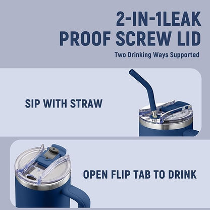 COKTIK 40 oz Tumbler With Handle and Straw Lid, Vacuum Insulated Travel Coffee Mug Stainless Steel Insulated Cup for Beverages, Leak-proof, Cupholder Friendly(Navy)