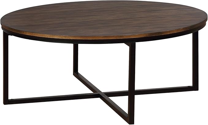 Alaterre Furniture Arcadia 42-Inch Round Acacia Wood Coffee Table – Industrial Living Room Table with Antiqued Mocha Finish and Metal Sled Legs – Ideal Centerpiece for Sectionals and Sofas
