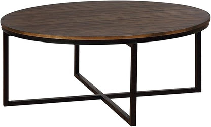Alaterre Furniture Arcadia 42-Inch Round Acacia Wood Coffee Table – Industrial Living Room Table with Antiqued Mocha Finish and Metal Sled Legs – Ideal Centerpiece for Sectionals and Sofas