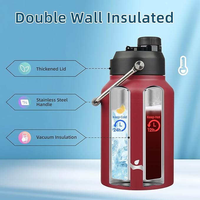 Half Gallon Jug with Handle,64 oz Insulated Water Bottle with Carrying Pouch,Double Wall Vacuum Stainless Steel Metal Bottle,Dark red