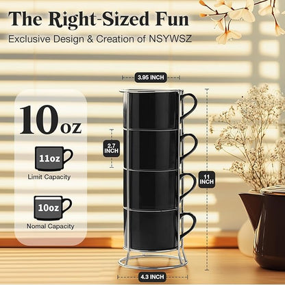10 Ounce Black Porcelain Stackable Cappuccino Cups with Stainless Steel Holder, Set of 4, Durable Ceramic, Perfect for Home, Office or Gift