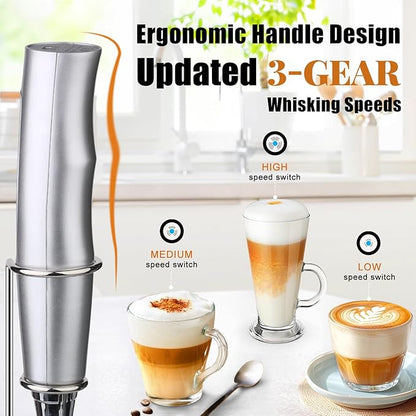 Nahida Milk Frother Wand for Coffee Frother Handheld with Stand Drink Mixer with 3 Heads 3 Speeds Electric Whisk Foam Maker For Latte, Cappuccino, Hot Chocolate - Silver