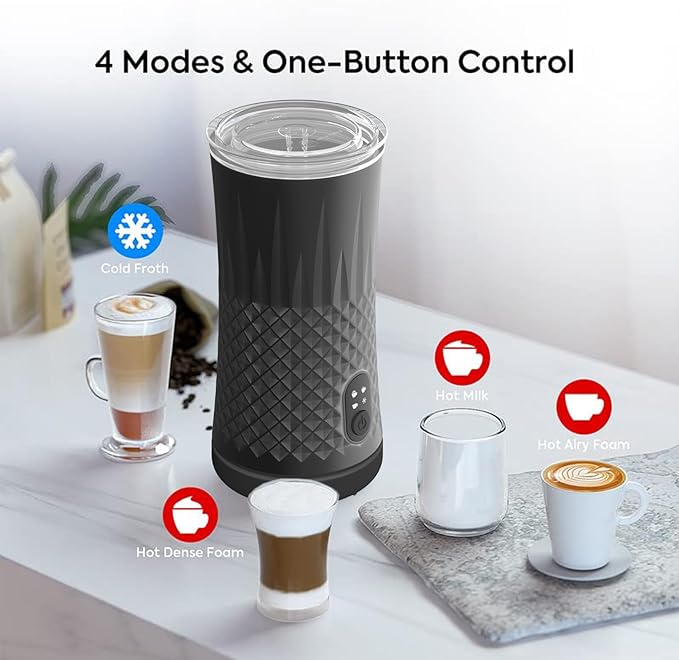 Milk Frother Electric,Syslux 4 IN 1 Automatic Warm and Cold Milk Foamer,Quiet Operation,Effortless Foam,Unique Diamond Design,Temperature Control,for Coffee Latte, Cappuccino,Macchiato,Chocolate