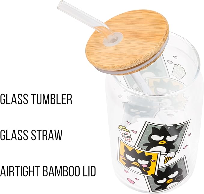 Silver Buffalo Sanrio Hello Kitty and Friends Badtz-Maru Polaroids Glass Jar Tumbler with Bamboo Lid and Glass Straw, 16 Ounces