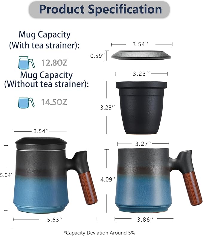 ZENS Gradient Blue Tea Cup with Infuser and Lid, 14.5oz Wood Handle Tea Mug, Loose Leaf Tea Steeper & Strainer, Tea Lovers Gifts