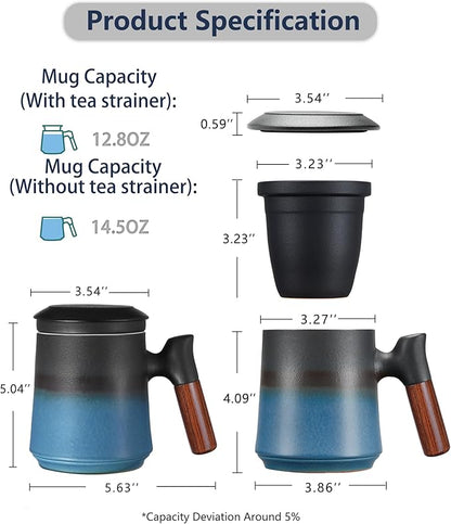 ZENS Gradient Blue Tea Cup with Infuser and Lid, 14.5oz Wood Handle Tea Mug, Loose Leaf Tea Steeper & Strainer, Tea Lovers Gifts