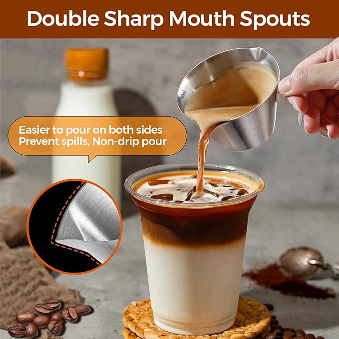 1Pc Stainless Steel Espresso Cups, Double Spout Metal Measuring Cup with Dual Scale, Espresso Shots Cup with Handle, Coffee Bean Weighing (White), 3.4oz/100ml