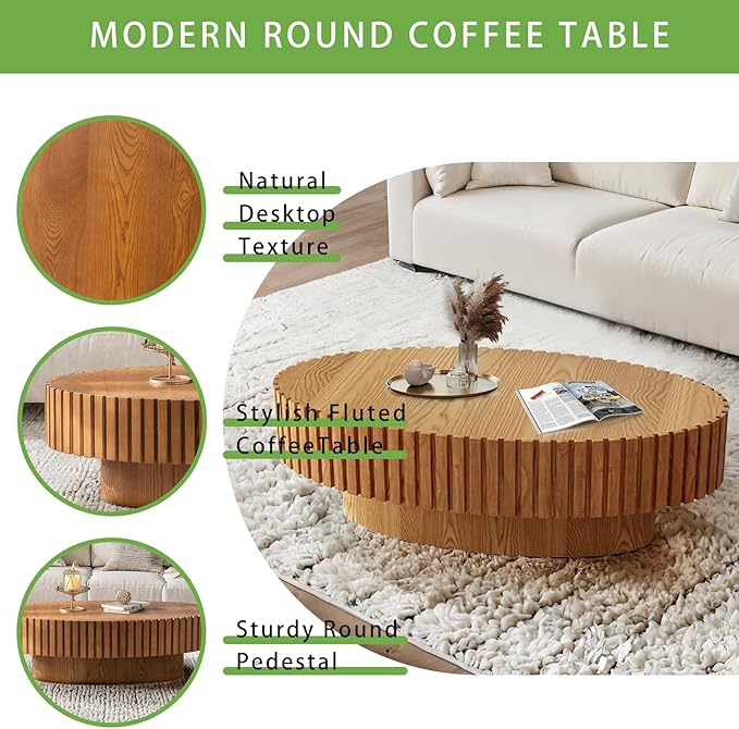 Handmade Oval Grooved Drum-Shaped Coffee Table、Rustic Modern Circular Centerpiece for Living Room & Farmhouse Decor、Easy to Clean (C Wood 43in)