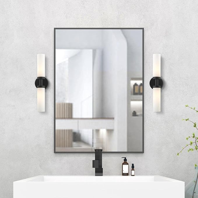 Livex Lighting 10104-04 Aero Collection ADA 2-Light Bathroom Vanity Light with Satin Opal White Glass Cylinder Shades, Black, 18 x 4.25