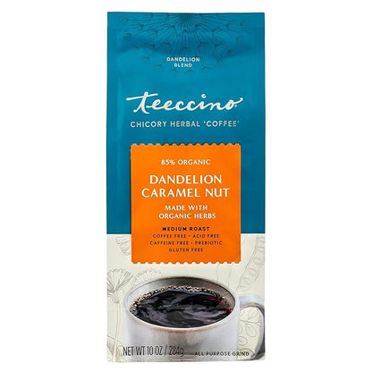 Teeccino Dandelion Caramel Nut Herbal Coffee - Caffeine-Free Coffee Alternative with Prebiotics, Gluten Free, Acid Free - Medium Roast, 10 oz