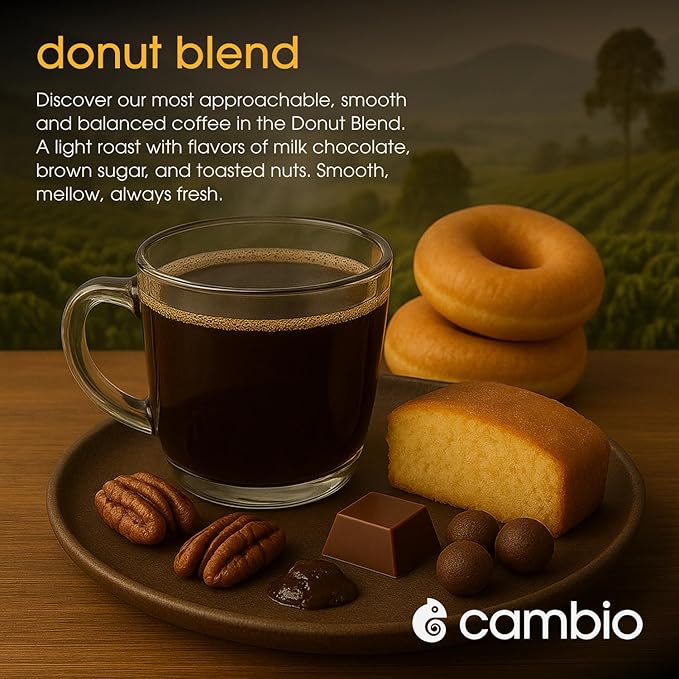 Cambio Roaster Donut Blend Keurig Coffee K Cups, Organic Light Roast Coffee Pods, Only Aluminum K Cup for More Flavor & Longer Lasting Freshness, Caffeinated Lower Acid Kcups for Keurig, 10 count