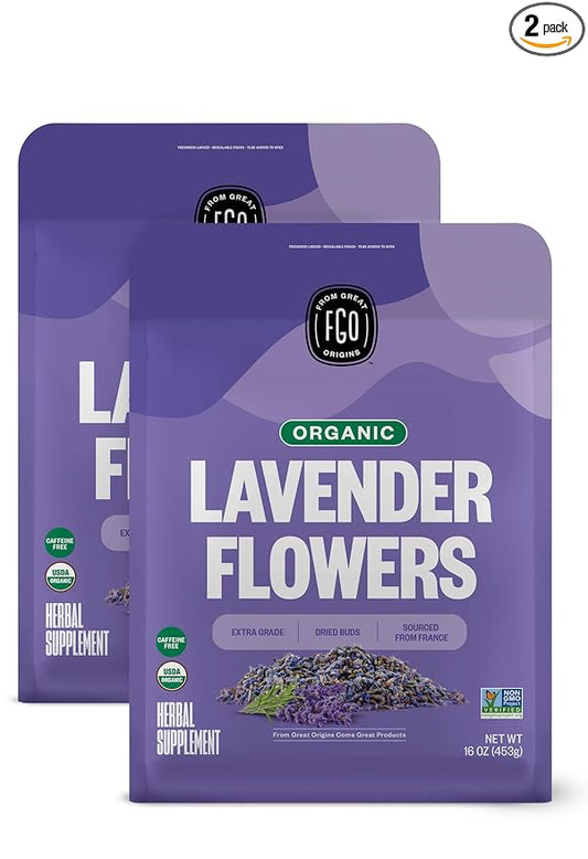 FGO Organic Dried Lavender Flowers, Extra Grade Dried Buds, Imported From France for Culinary or Sachet Bags, 16oz Bulk, Packaging May Vary (Pack of 2)