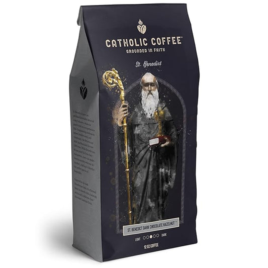 Catholic Coffee St. Benedict | Chocolate Hazelnut Flavored Medium Roast Whole Bean Coffee – Dark Chocolate & Hazelnut Notes | 12oz Bag – Catholic Gift Inspired by Monastic Tradition
