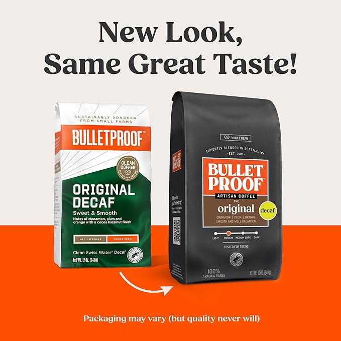 Bulletproof Original Medium Roast Whole Bean Decaf Coffee, 12 Ounces, Coffee Tested for Toxins, Packaging May Vary